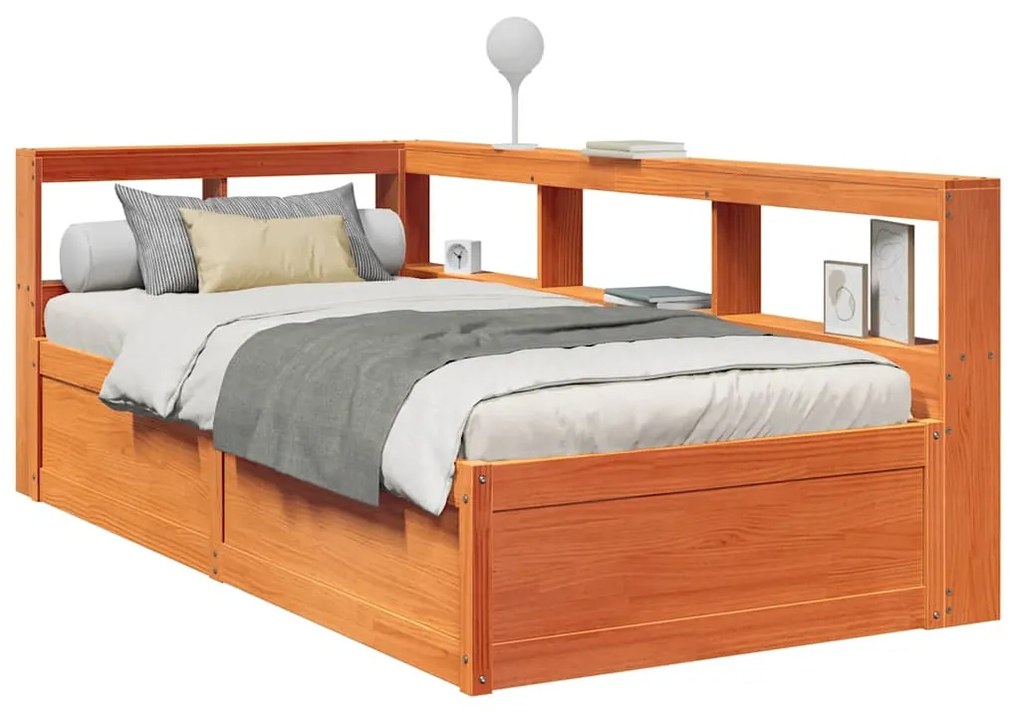 vidaXL Pat bibliotecă fără saltea maro ceruit 75x190 cm lemn masiv pin