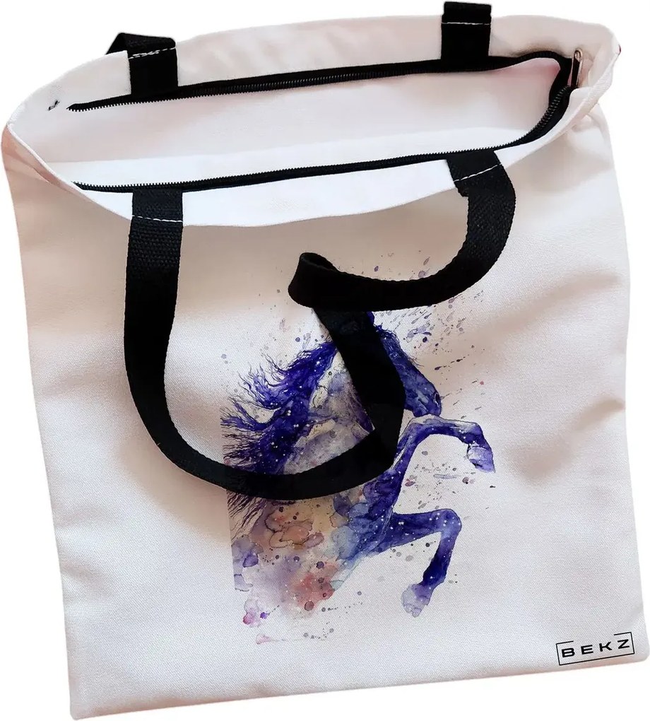 Sacosa de Panza pentru Cumparaturi, Geanta Tote, model Watercolor Horse, Cu fermoar, 38x34.5 cm, Alba, BEKZ®