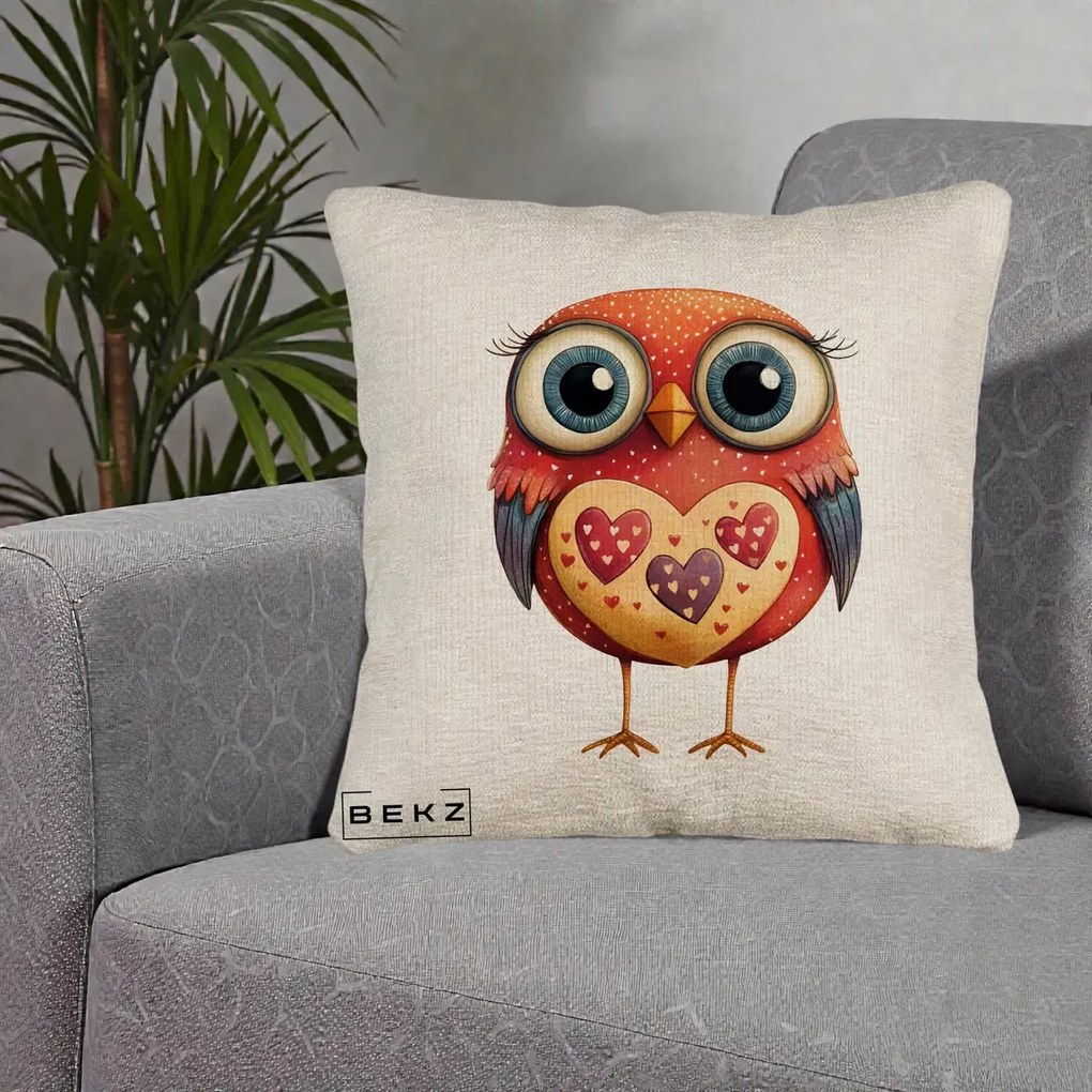 Perna Decorativa Bufnita Rosie cu Inimi Aurii, 40x40 cm, Bej Canapea, Husa Detasabila, Perna Inclusa, BEKZ®