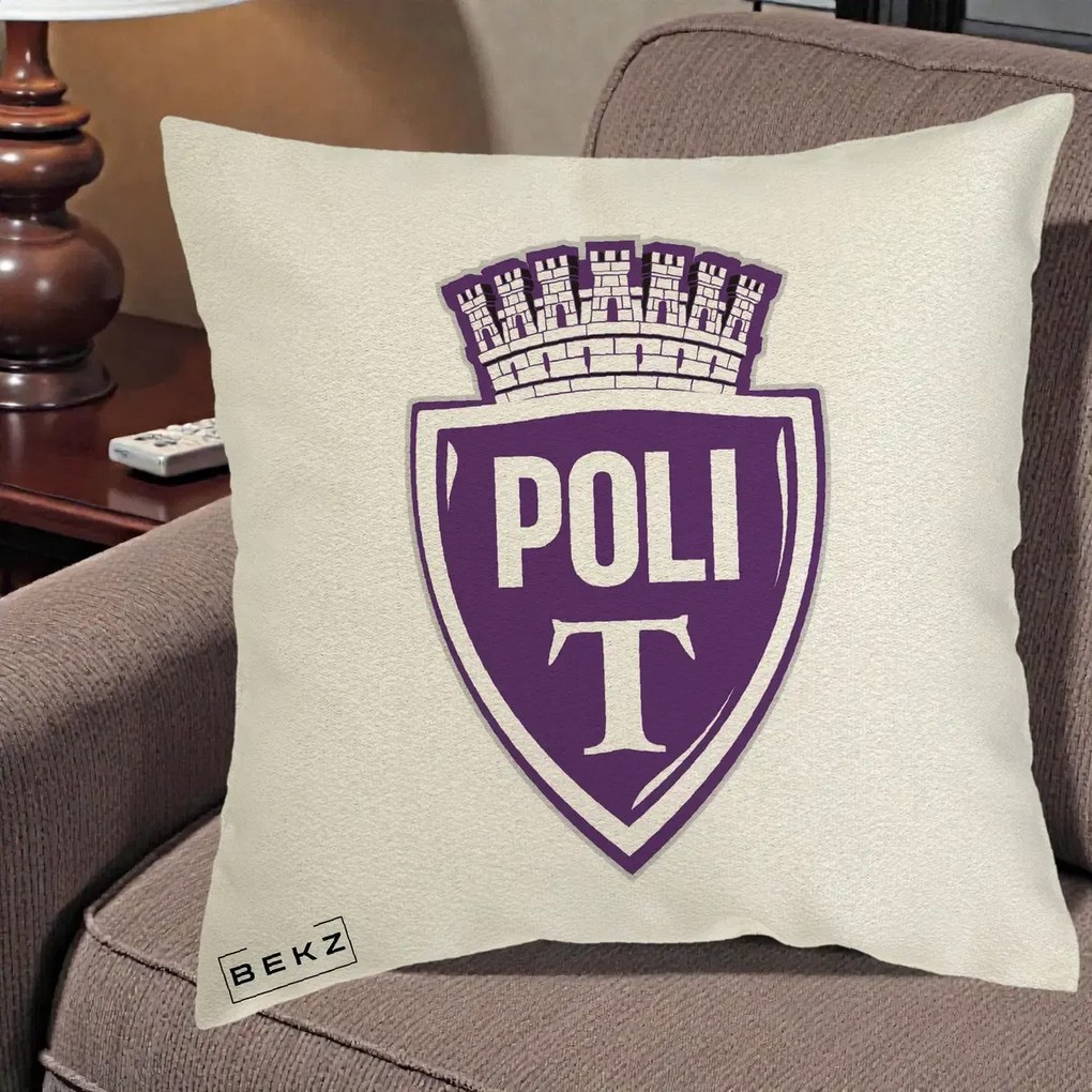 Perna Personalizata Poli Timisoara Fotbal, 40x40 cm, Ecru, Husa Detasabila, Perna Inclusa, BEKZ®