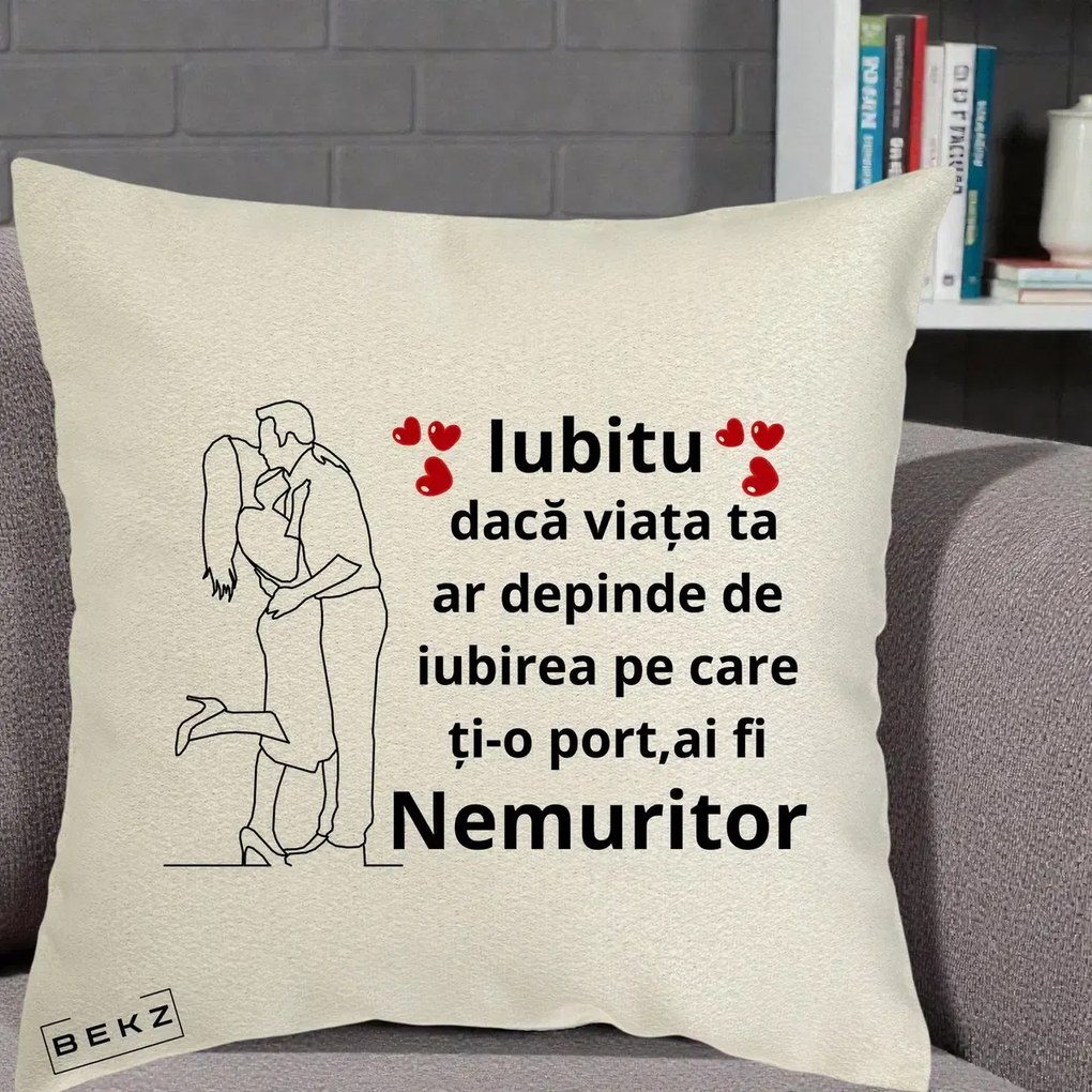 Cadou pentru Iubit - Perna Personalizata Iubitu Nemuritor cu Cuplu Line-Art si Inimi Rosii, 40x40 cm, Ecru, Husa Detasabila, Perna Inclusa, BEKZ®