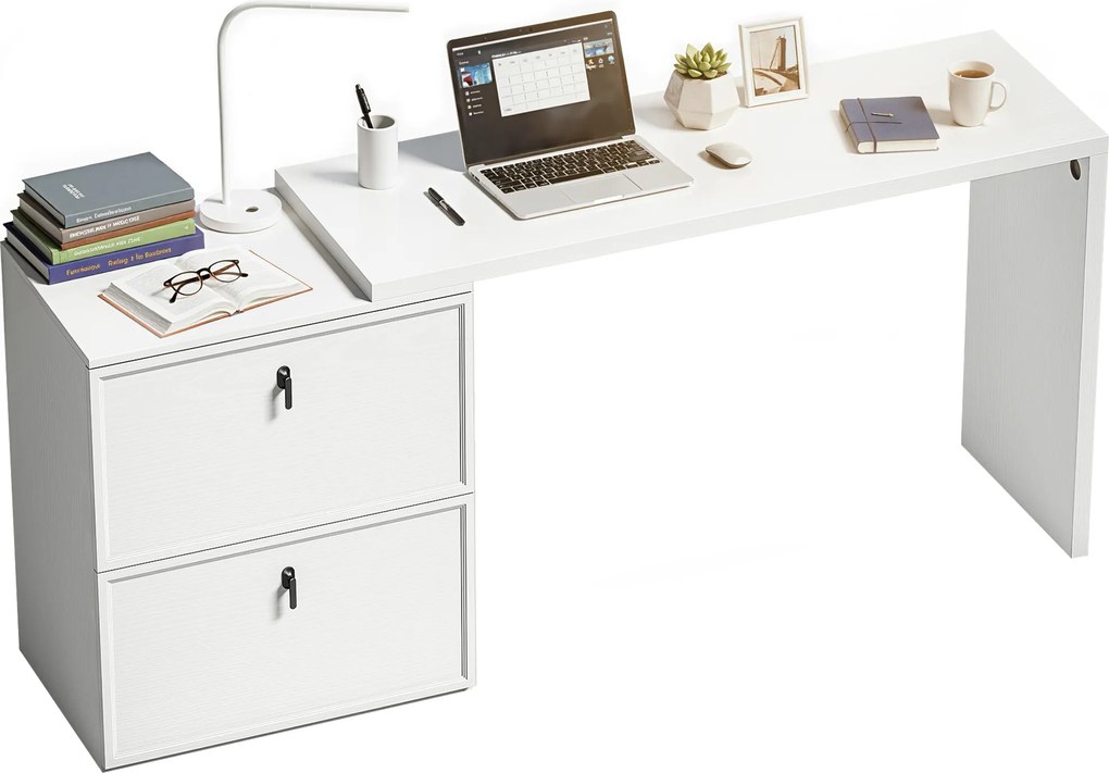 HOMCOM Birou reversibil în formă de L cu 2 sertare pentru arhivă Design modern pentru spații mici Birou alb | Aosom Romania