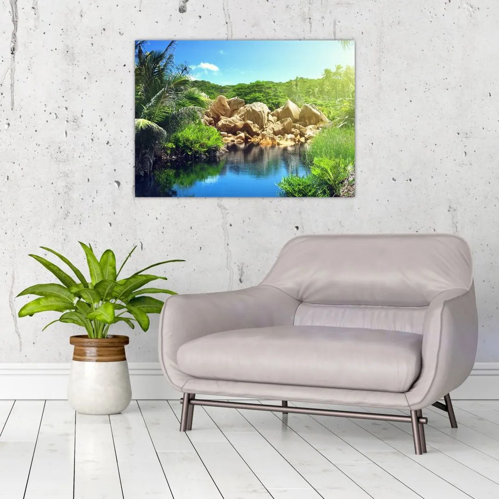 Tablou cu lac în jungla din Seychelles (70x50 cm)