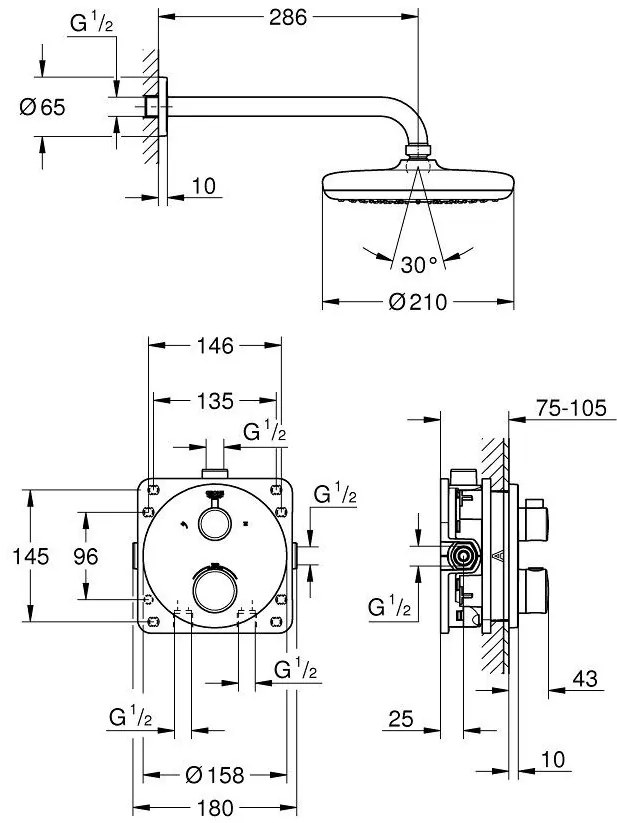 Sistem dus incastrat cu termostat Grohe Grohtherm Perfect Tempesta 210, fara para dus de mana, baterie rotunda