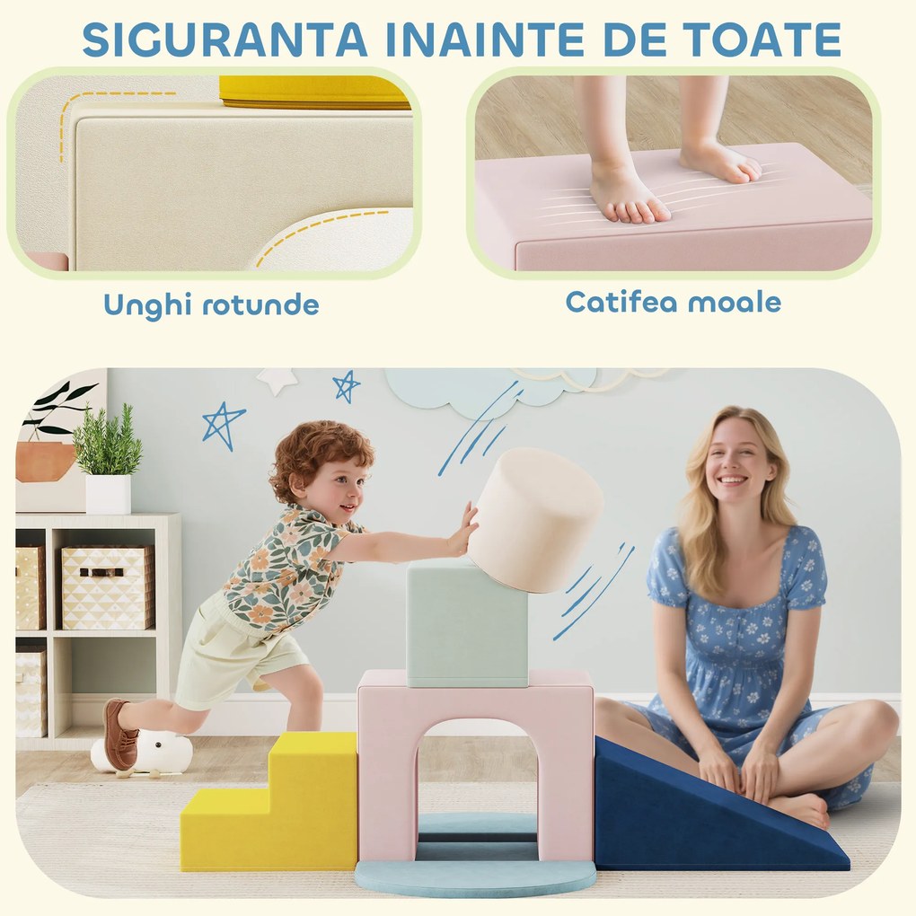 AIYAPLAY Set 8 Construcții Moi pentru Copii 0-3 Ani de Interior, din Catifea și Spumă PU Portocaliu | Aosom Romania