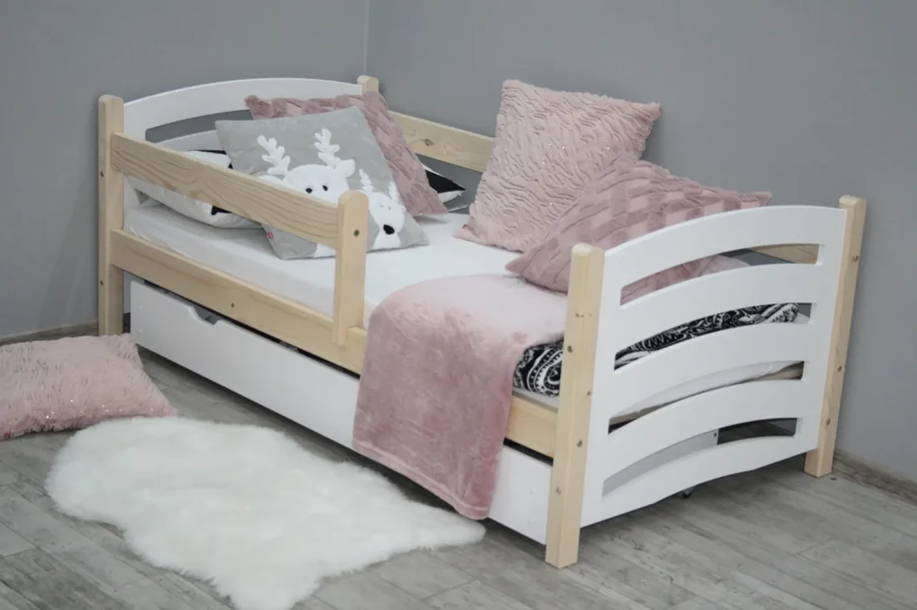 Pat pentru copii MELA 80 x 160 cm, alb–pin Saltea: saltea EASYSOFT 8 cm, Somiera: cu somiera din lamele