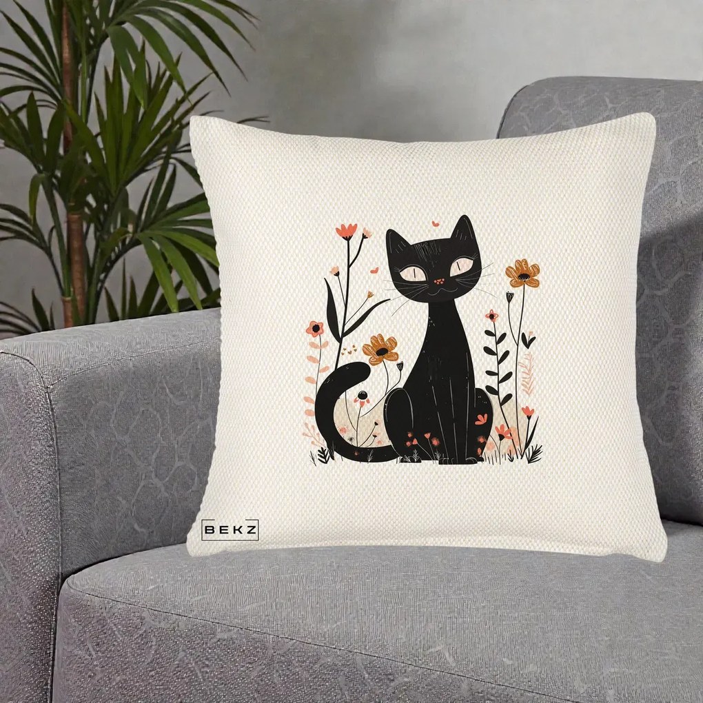 Perna Decorativa Pisica Neagra Flori Pastel Folk, 40x40 cm, Crem Reliefat, Husa Detasabila, Perna Inclusa, BEKZ®