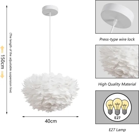 Brilagi - Lustră suspendată pe cablu FEATHER 3xE27/40W/230V Ø 40 cm albă