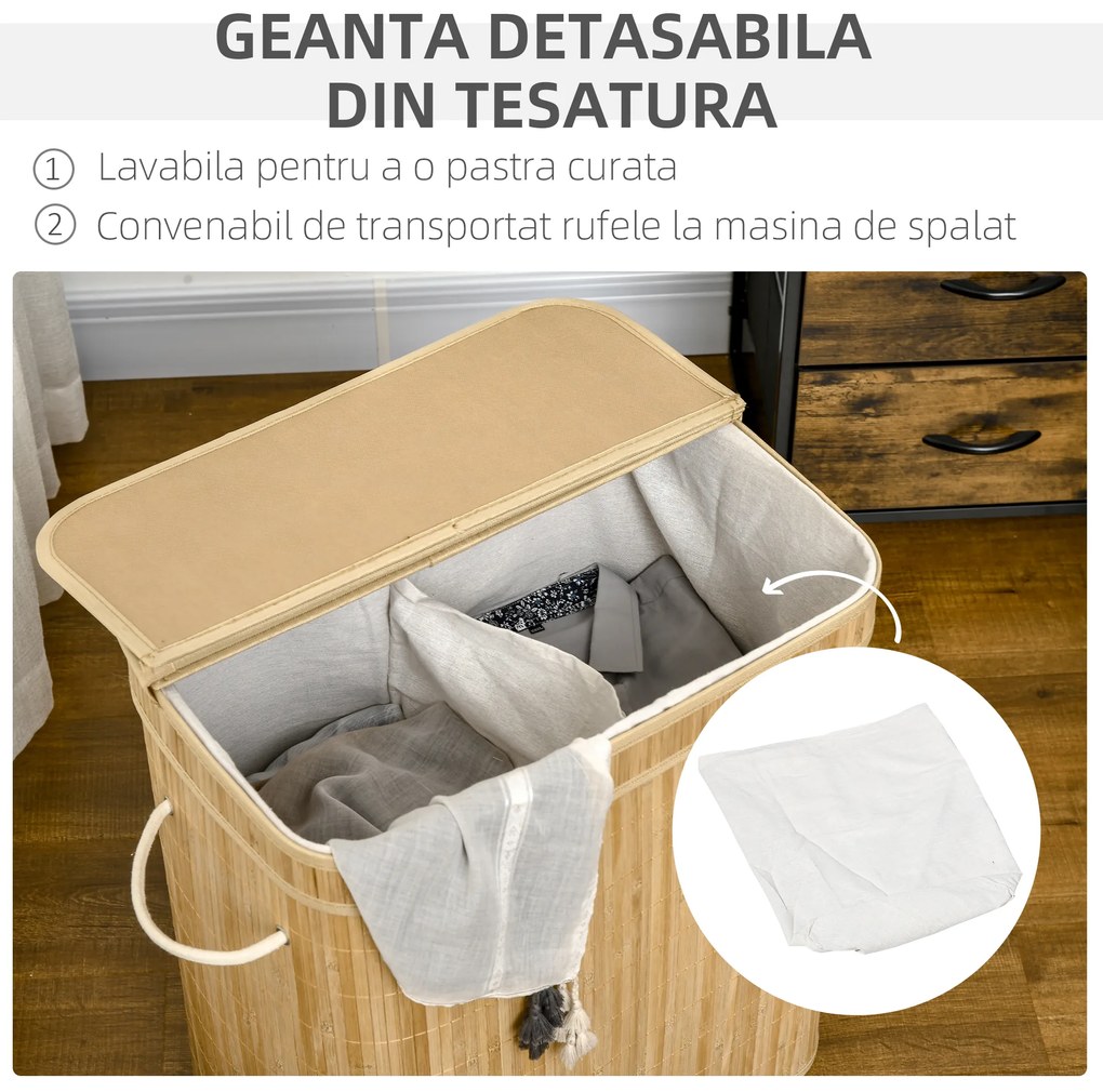 HOMCOM Coș Pliabil pentru Rufe cu 2 Compartimente, Capac Detașabil și Mânere, 54,2x35,2x59,5 cm, Natural | Aosom Romania