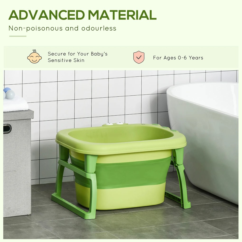 HOMCOM Cadă pentru Băiță Nou-Născuți și Copii 0-6 Ani, Plastic Antiderapant, Verde, Dimensiuni 75.3x55.4x43cm | Aosom România