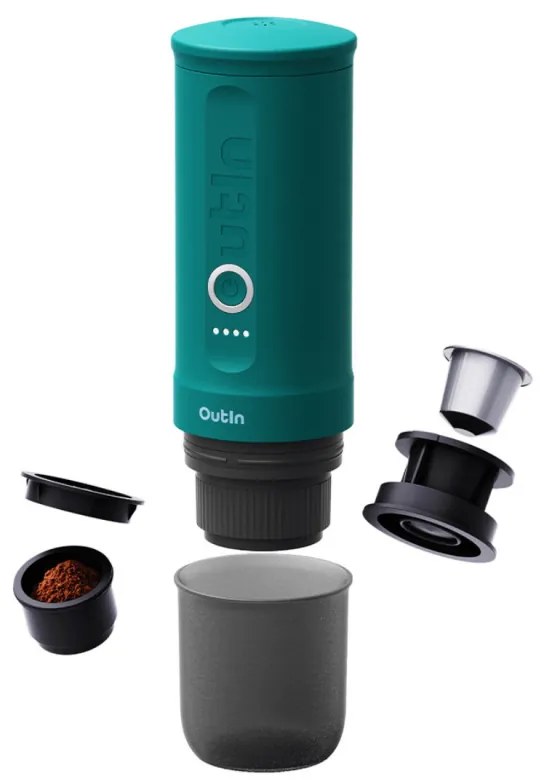 Espressor portabil Outin Nano Teal, 12/24 V, 7500mAh, 20bar, 80ml, Incarcare USB, Cafea macinata si capsule, Turcoaz