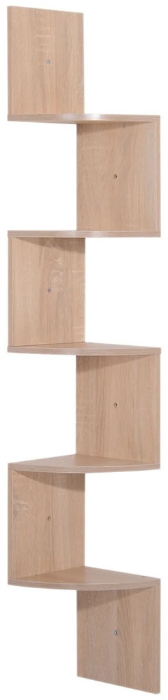 HOMCOM Raft de colț de perete pentru depozitare formă zigzag 20L x 20l x 126H cm 5 niveluri stejar deschis | Aosom Romania