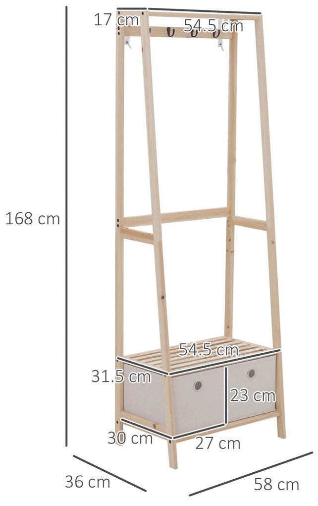 HOMCOM Cuier Hol, cu Rafturi, Design Natural din Lemn, 58x36x168 cm | Aosom Romania