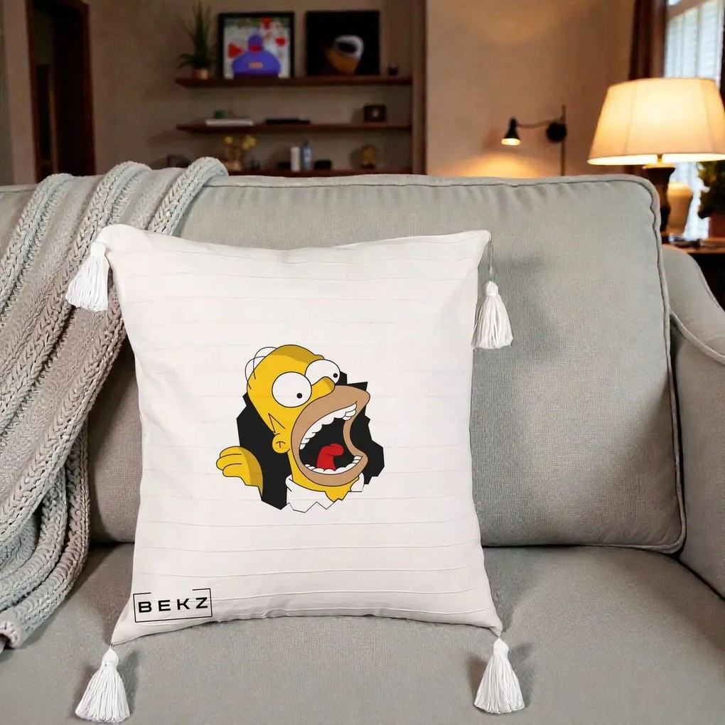 Perna Personalizata Homer Simpson Surpriza, 40x40 cm, Bej cu Franjuri, Husa Detasabila, Perna Inclusa, BEKZ®