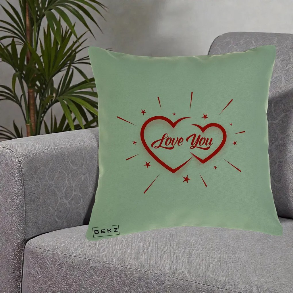 Cadou Romantic - Perna Personalizata Love You Doua Inimi, 40x40 cm, Verde, Husa Detasabila, Perna Inclusa, BEKZ®