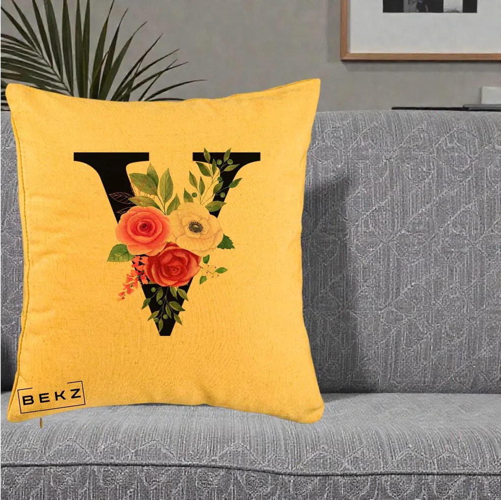 Cadou Personalizat - Perna Personalizata Monograma Florala Litera V cu Buchet, 40x40 cm, Galben, Husa Detasabila, Perna Inclusa, BEKZ®