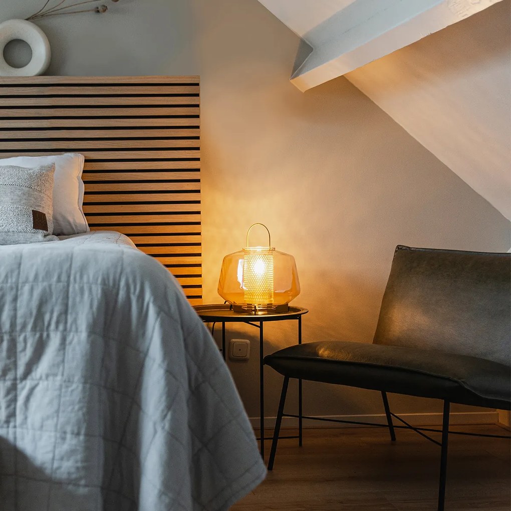 Lampă de masă Art Deco aurie cu sticlă chihlimbar 30 cm - Kevin