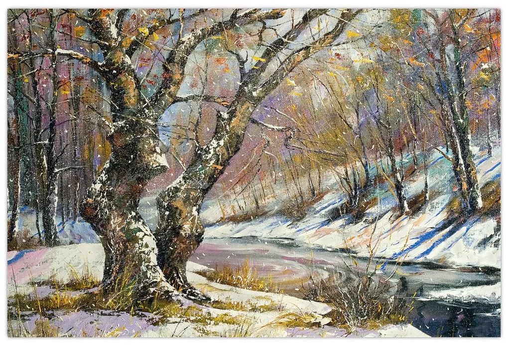 Tablou cu peisaj de iarnă pictat (90x60 cm)