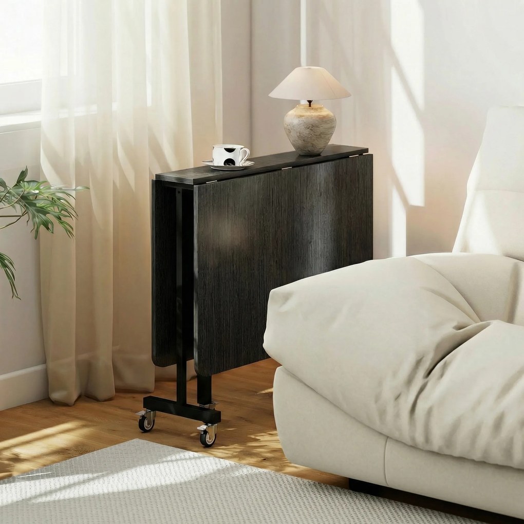 HOMCOM Masă de Dining Pliabilă, Masă de Bucătărie Rabatabilă cu Roți cu Frână pentru 4-6 Persoane, Birou Compact cu Cadru din Oțel, pentru Living, 120x80x73 cm, Negru cu Efect de Lemn | Aosom Romania