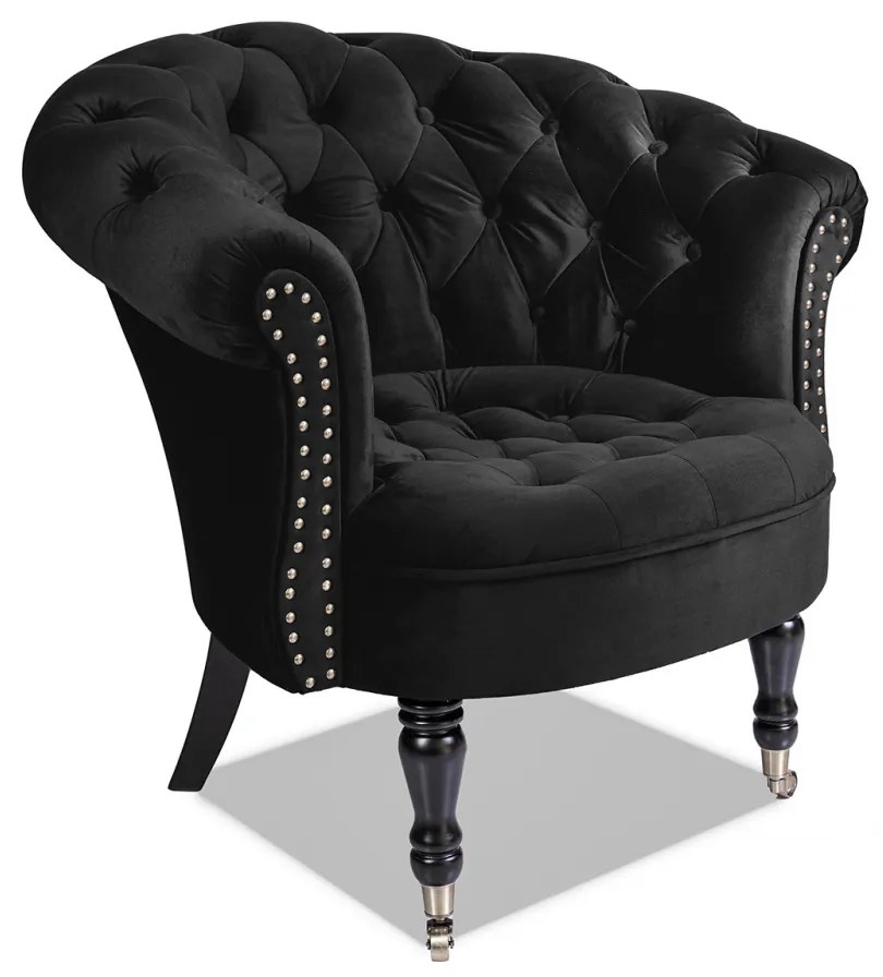 Fotoliu Filip chesterfield, negru, spuma catifea lemn, 87x78x83 cm