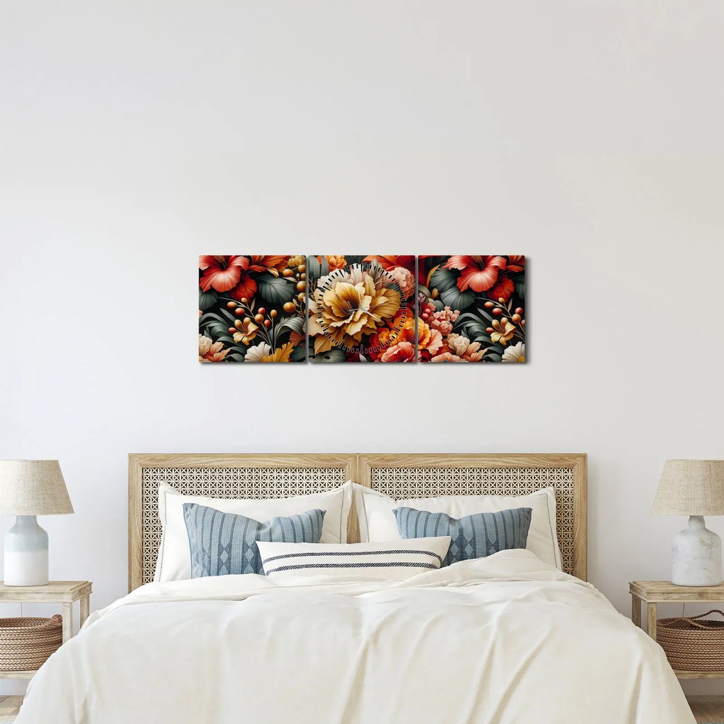Tablou - Flori portocalii și roșii (cu ceas) (90x30 cm)