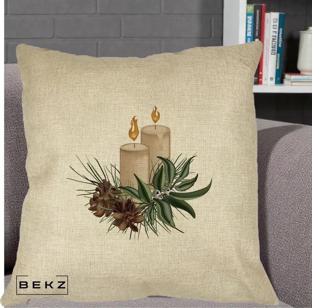 Perna Decorativa Lumanari cu Ilex si Conuri Ilustratie, 40x40 cm, Crem, Husa Detasabila, Perna Inclusa, BEKZ®