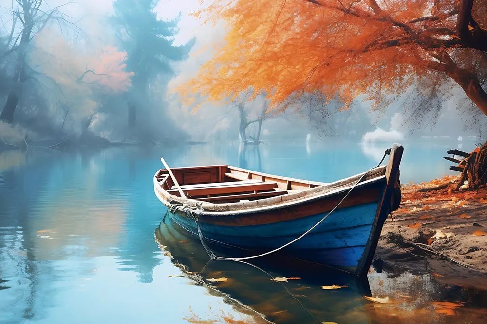 Tablou barcă pe un lac părăsit