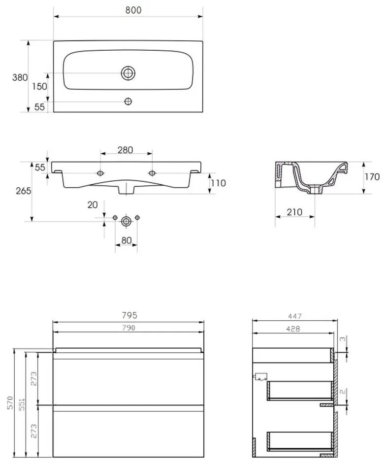 Dulap cu lavoar, 57x80x45 cm, 2 sertare, gri Gri, 800x450 mm