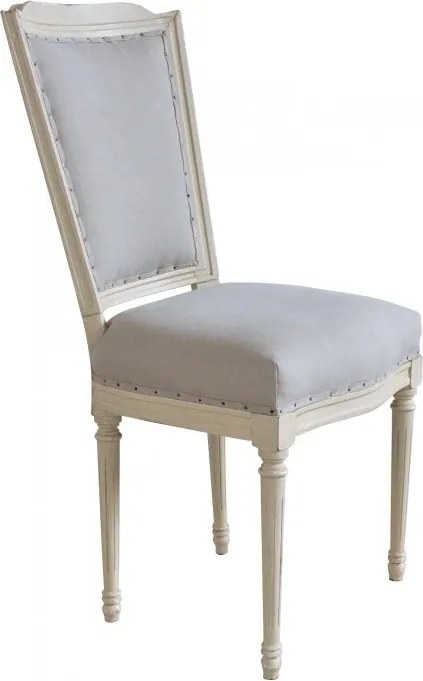 Scaun dining tapițat clasic shabby chic din lemn de fag și stofă, alb, cu picioare canelate și ținte decorative, 99 x 44 x 53 cm, „Paris”