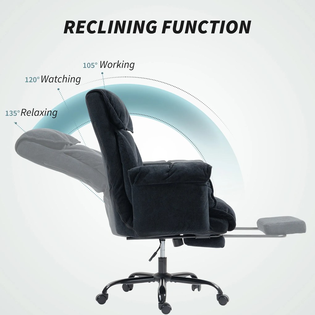 HOMCOM Scaun de Birou Directorial în Catifea cu Suport pentru Picioare și Spumă de Înaltă Reziliență, Fotoliu de Birou Reclinabil cu Spătar Înalt, Brațe Îmbunătățite, Înălțime Reglabilă și Roți, Negru | Aosom Romania