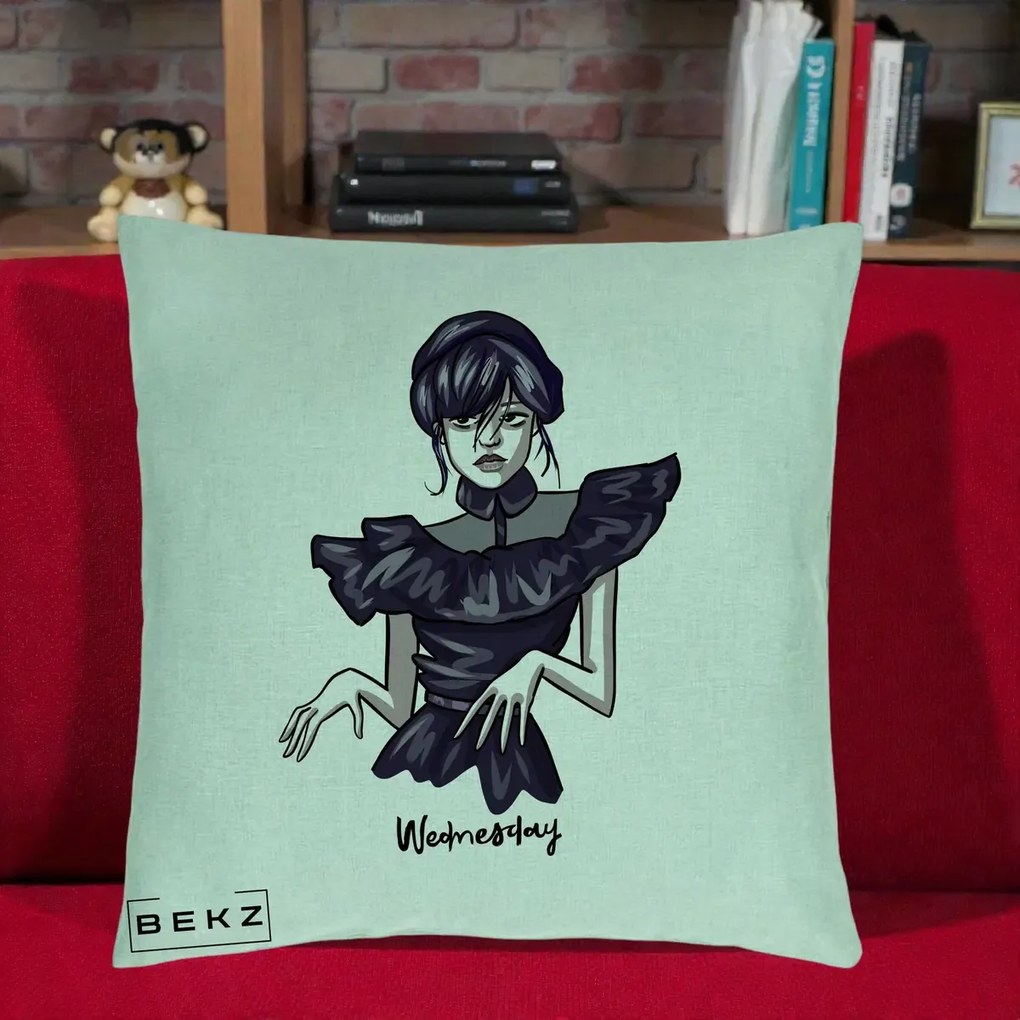 Perna Personalizata Wednesday Addams Dans Gotic, 40x40 cm, Verde Menta, Husa Detasabila, Perna Inclusa, BEKZ®