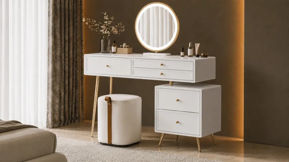 Set ROYAL WHITE – Masă de Toaletă pentru Machiaj, Oglindă iluminată LED, Control touch, Trei tipuri culoare, Taburet, 100 cm, Alb