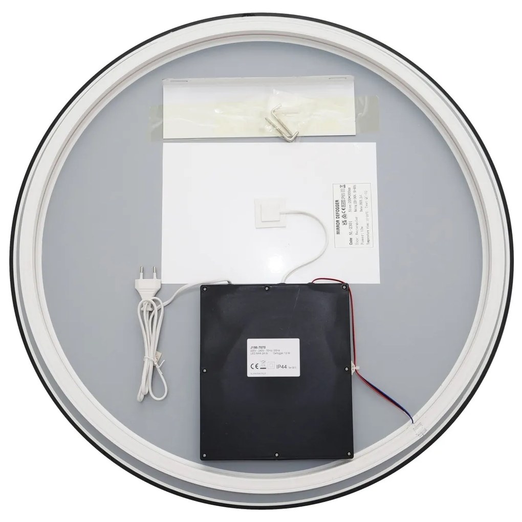 🪞 Oglindă LED cu Touch și Funcție Dezaburire, 3 Tipuri de Lumină – Ø70 cm, Ramă Negru Mat, Model J188-70 Smack