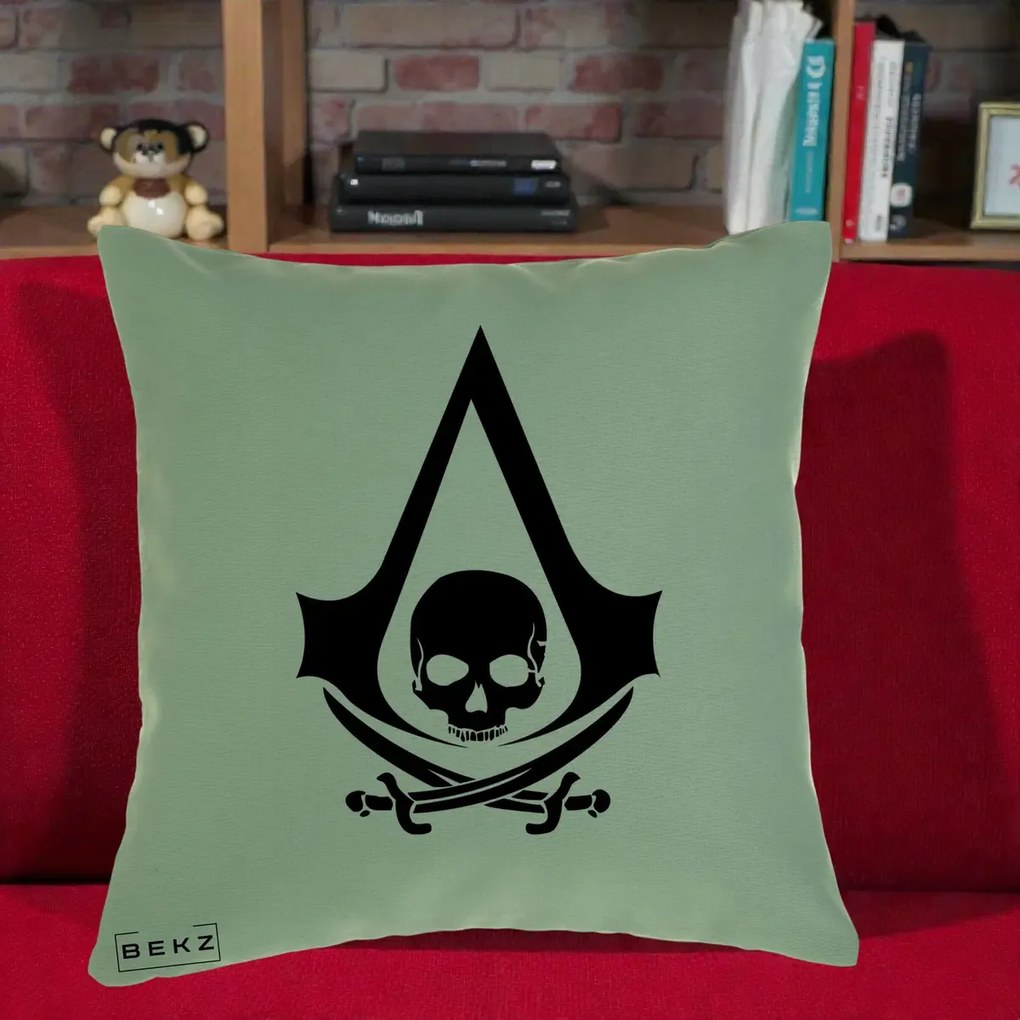 Perna Personalizata Assassin's Creed Black Flag Skull, 40x40 cm, Verde, Husa Detasabila, Perna Inclusa, BEKZ®