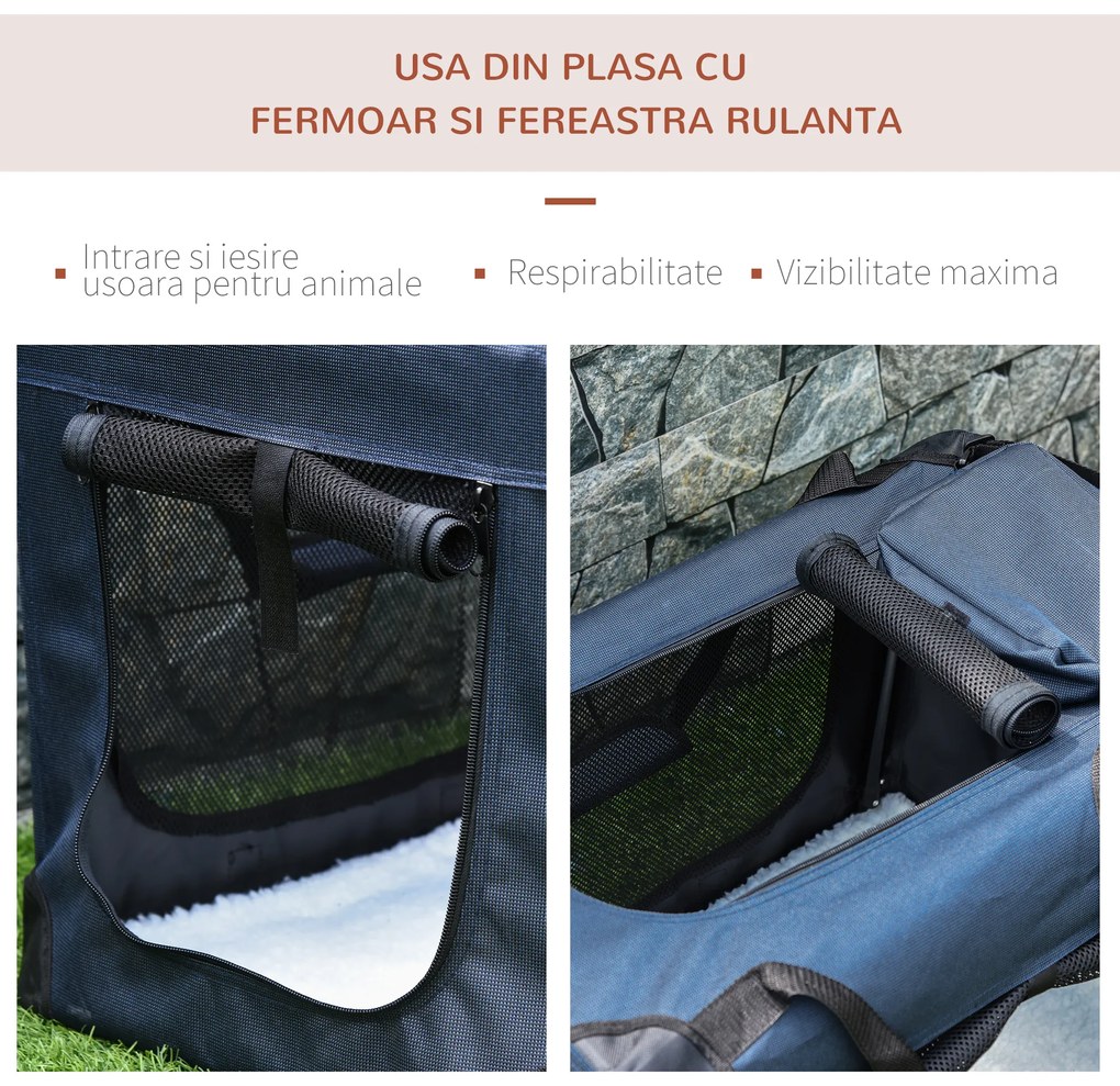 Geanta pentru caini mici cu 3 intrari si perna PawHut, Oxford si metal, albastru 70x51x50 cm | AOSOM RO