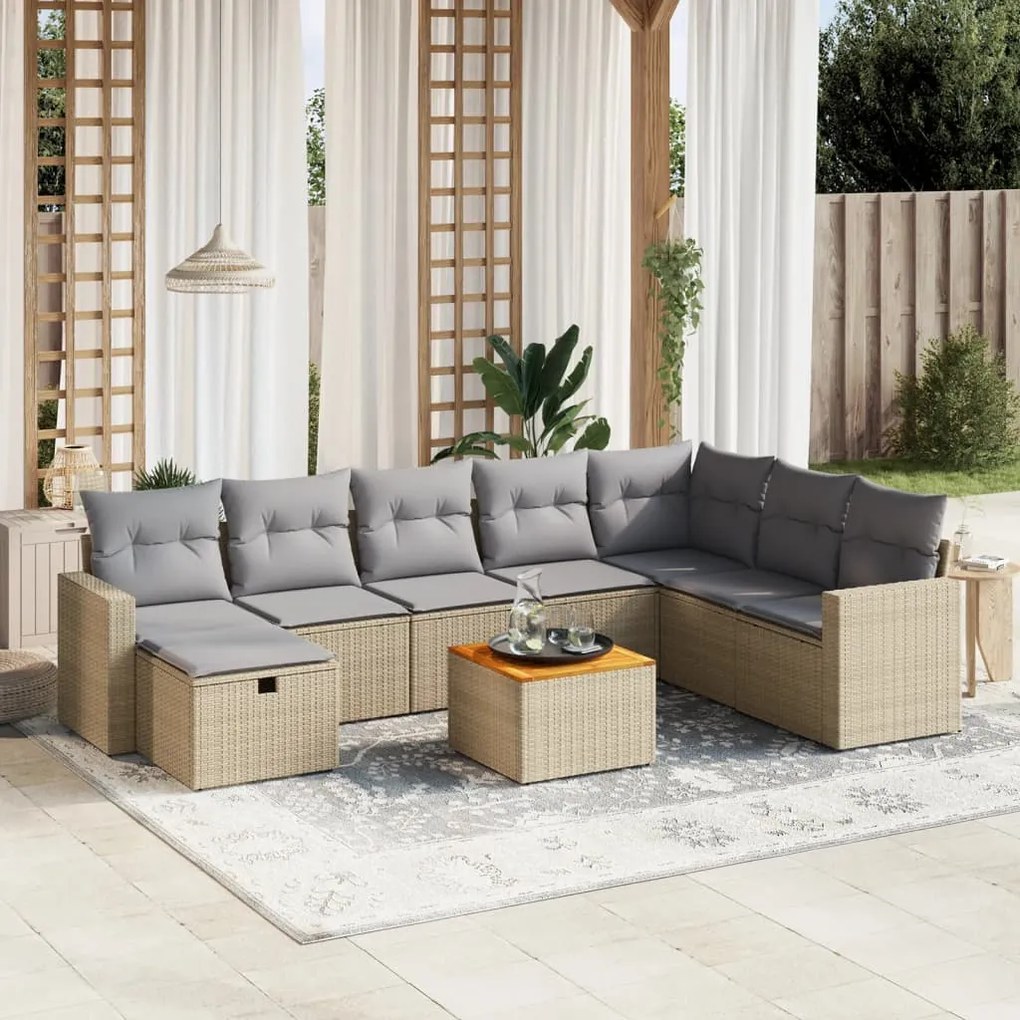 vidaXL Set canapele de grădină, 9 piese, cu perne, bej, poliratan