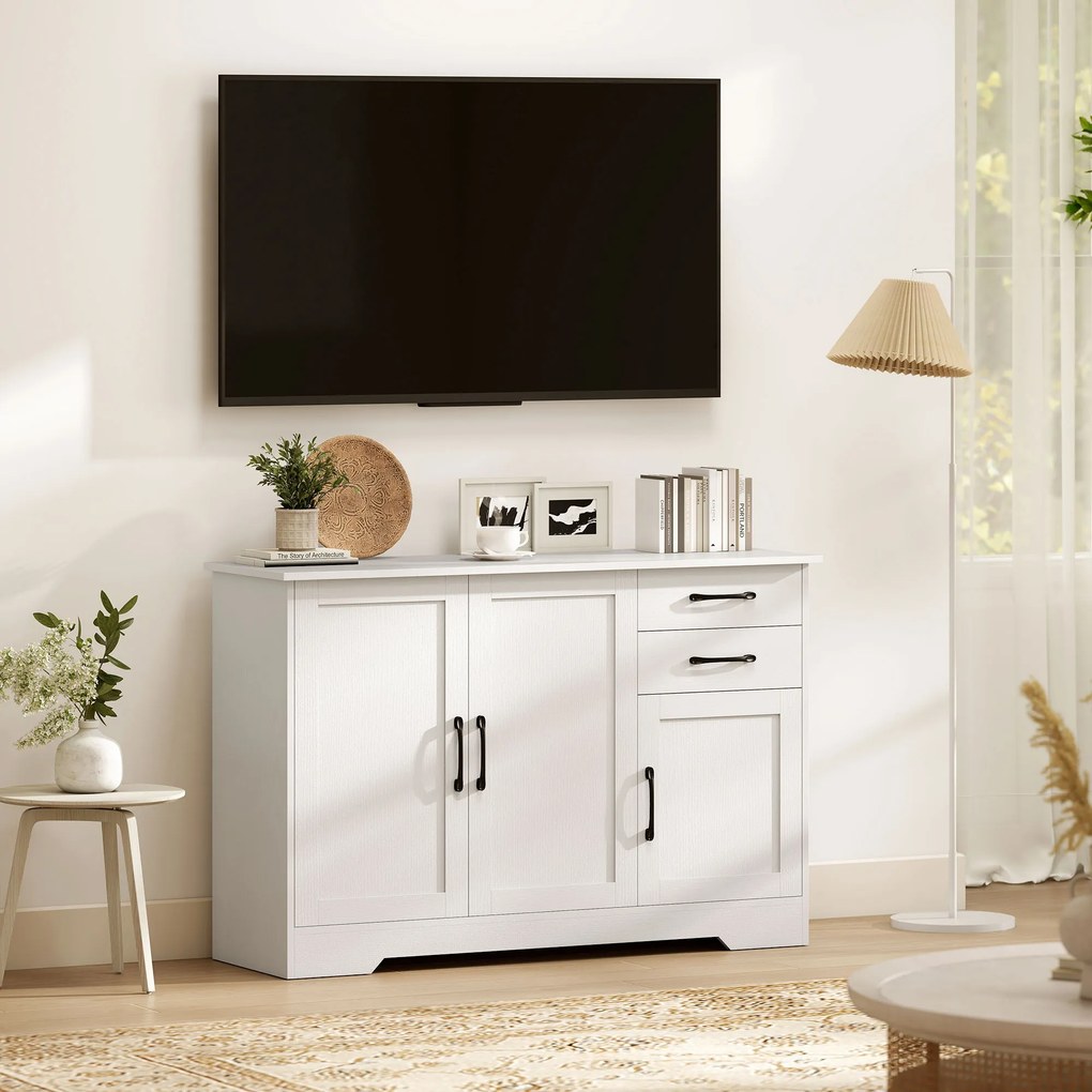 HOMCOM Bufet, mobilier de depozitare cu 3 uși, 2 sertare și raft reglabil, 120 x 38 x 79 cm, alb | Aosom Romania