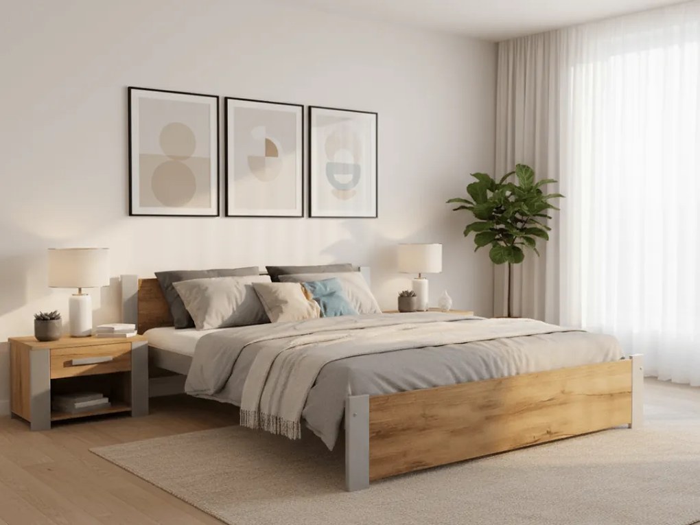 Pat dublu IKAROS 140 x 200 cm, stejar artisan/gri Saltele: Cu saltele Coco Maxi 20 cm, Somiera pat: Cu lamele drepte