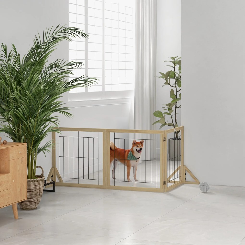PawHut Gard pliabil pentru câini, gard de siguranță pentru animale de companie și căței cu 3 panouri și suporturi triunghiulare, 210x70 cm, lemn natural | Aosom Romania