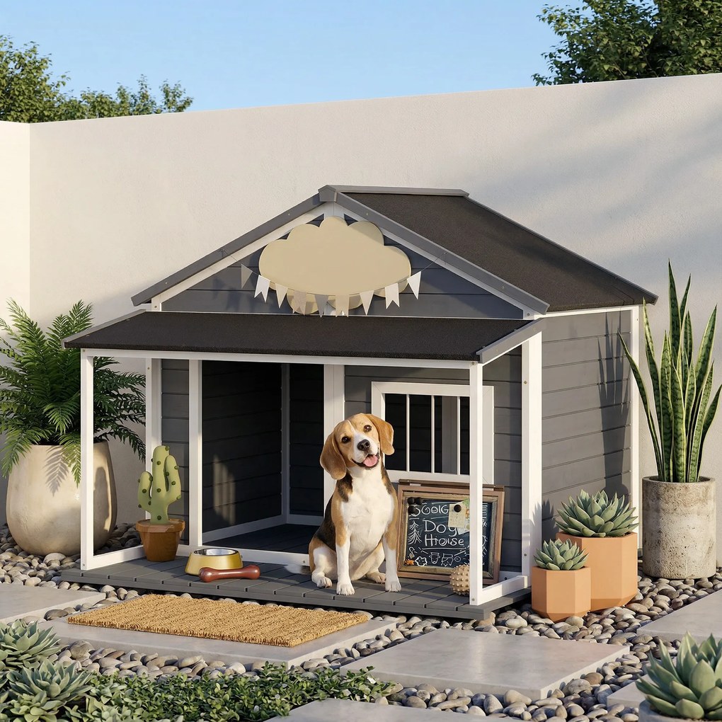 PawHut Casuță din Lemn de Exterior pentru Câini, Cușcă pentru Câini cu Terasă, Fereastră și Acoperiș Impermeabil, 124x112x105 cm, Gri | Aosom Romania