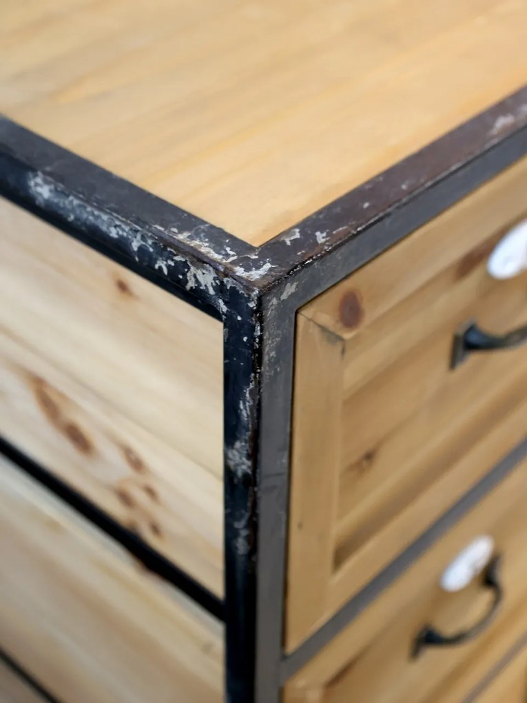 Comoda natur, din lemn masiv si metal, cu 16 sertare, aspect industrial