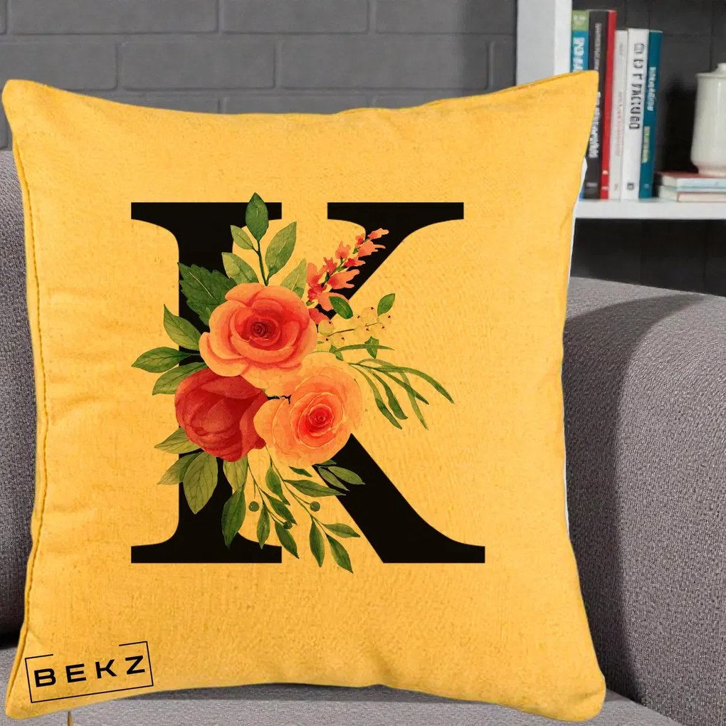 Cadou Personalizat - Perna Personalizata Monograma Florala Litera K, 40x40 cm, Galben, Husa Detasabila, Perna Inclusa, BEKZ®