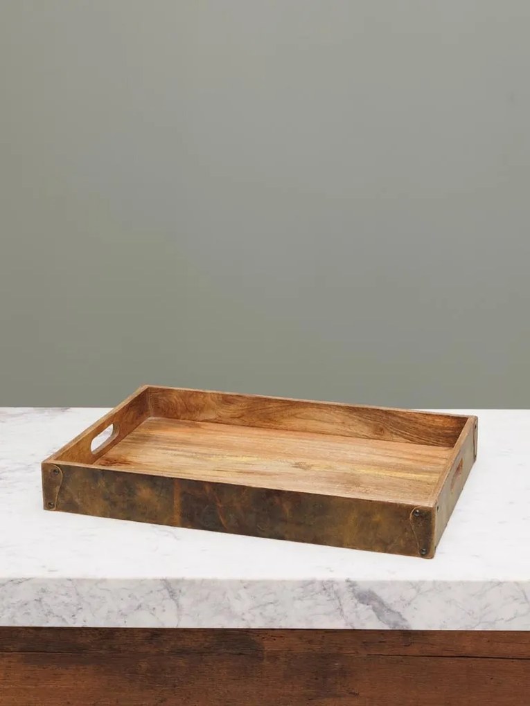 Tava servire din lemn de mango si piele naturala, Suede