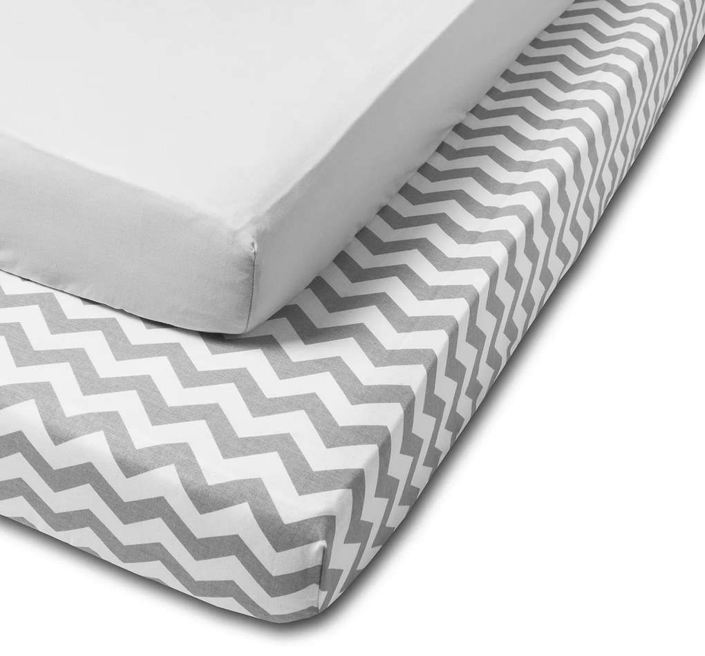 Set 2 cearceafuri din bumbac cu elastic  roata pentru patut 120x60 cm Kidizi Grey Zig Zag