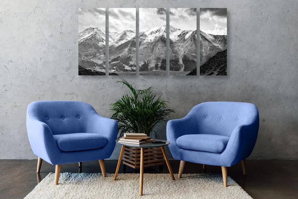 Tablou 5-piese panorama montană frumoasă în design alb-negru