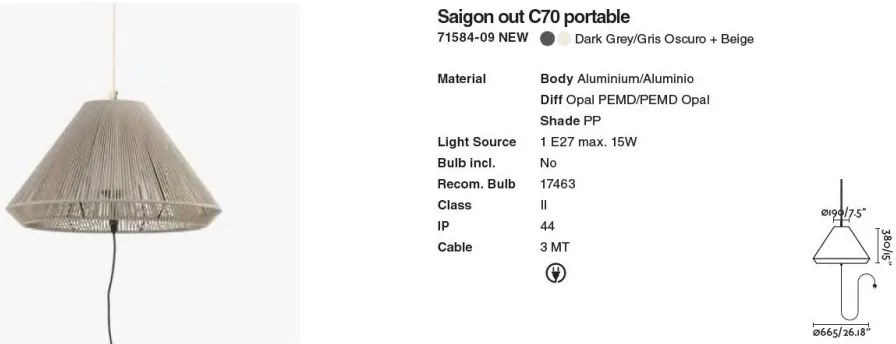 Lampa/Pendul portabil iluminat exterior decorativ SAIGON hole cap C70 gri/bej