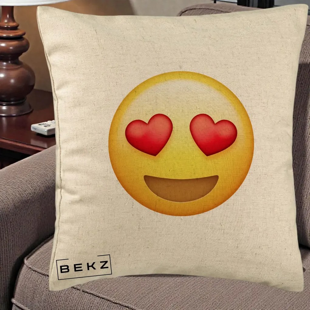 Perna Decorativa Emoji Inimi in Ochi, 40x40 cm, Bej, Husa Detasabila, Perna Inclusa, BEKZ®