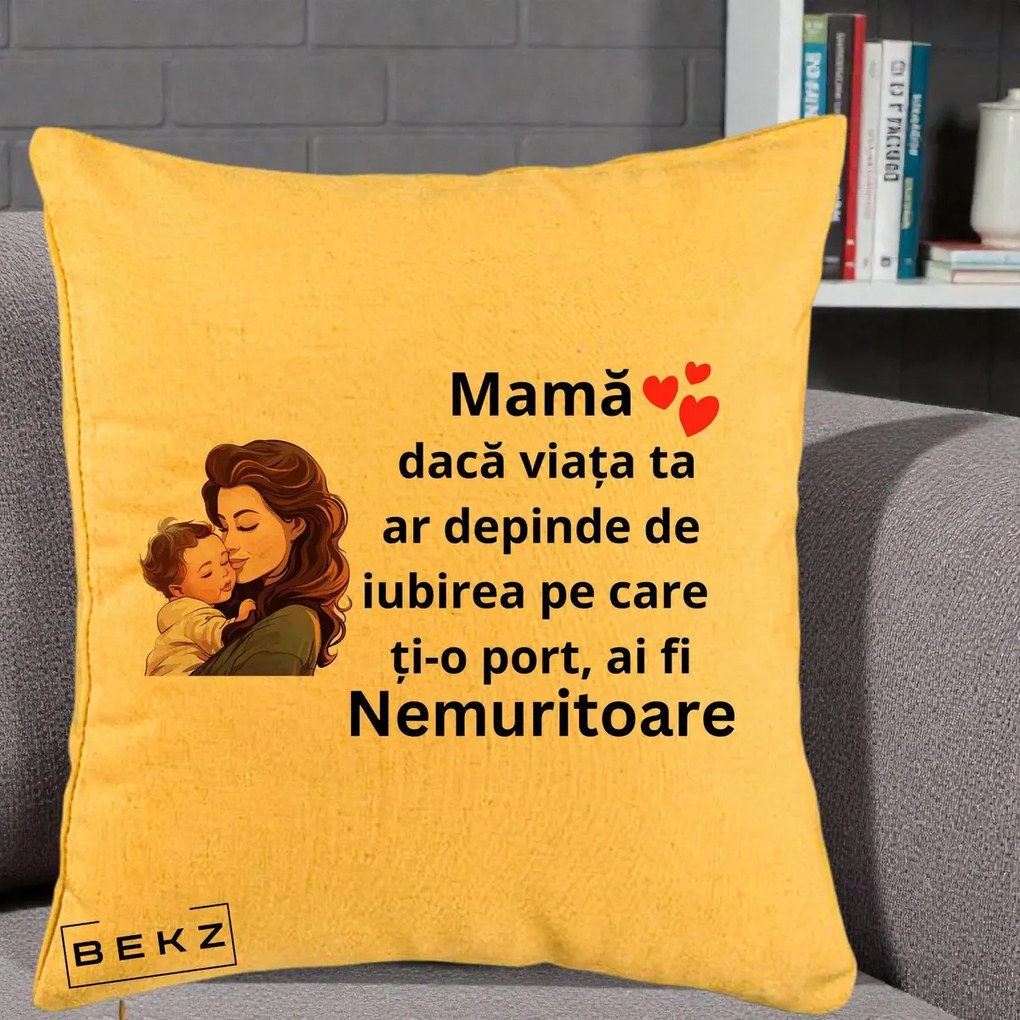 Cadou pentru Mama - Perna Personalizata Mama Nemuritoare cu Bebelus Lineart, 40x40 cm, Galben, Husa Detasabila, Perna Inclusa, BEKZ®
