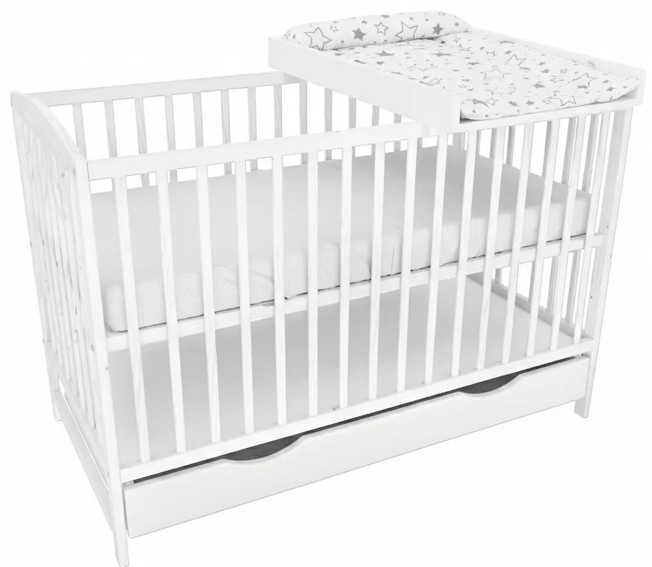 Patut din lemn masiv cu sertar si capac 120x60 cm Kidizi Orella alb, masuta infasat din lemn si salteluta incluse, reglabil pe 3 nivele, certificat EN71