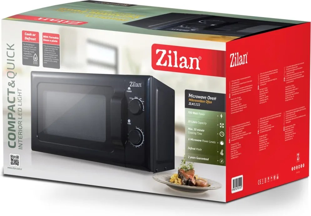 Cuptor cu microunde Zilan ZLN1222, 20 L, 700W, mod pentru dezghet, 6 trepte de putere, Negru
